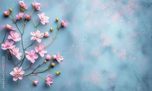 A minimalist image of pink flowers against a light blue background.