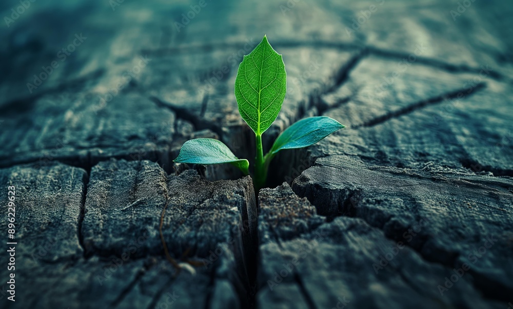 A single green sprout emerging from the cracked surface of an old tree stump. A single green sprout emerging from the cracked surface of an old tree stump.