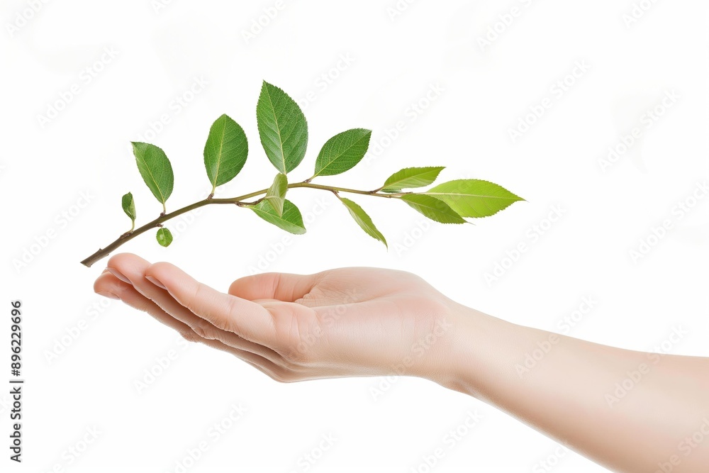 A hand holding a green leafy branch, symbolizing nature and growth. A hand holding a green leafy branch, symbolizing nature and growth.