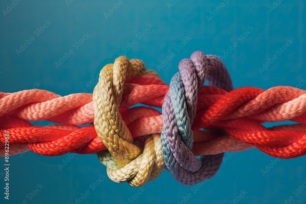 Fototapeta premium Strong diverse network rope team concept integrate braid color background