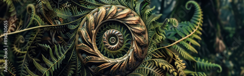 Abstract background with Polynesian Maori koru spiral swirls, silver fern and natural motifs. photo