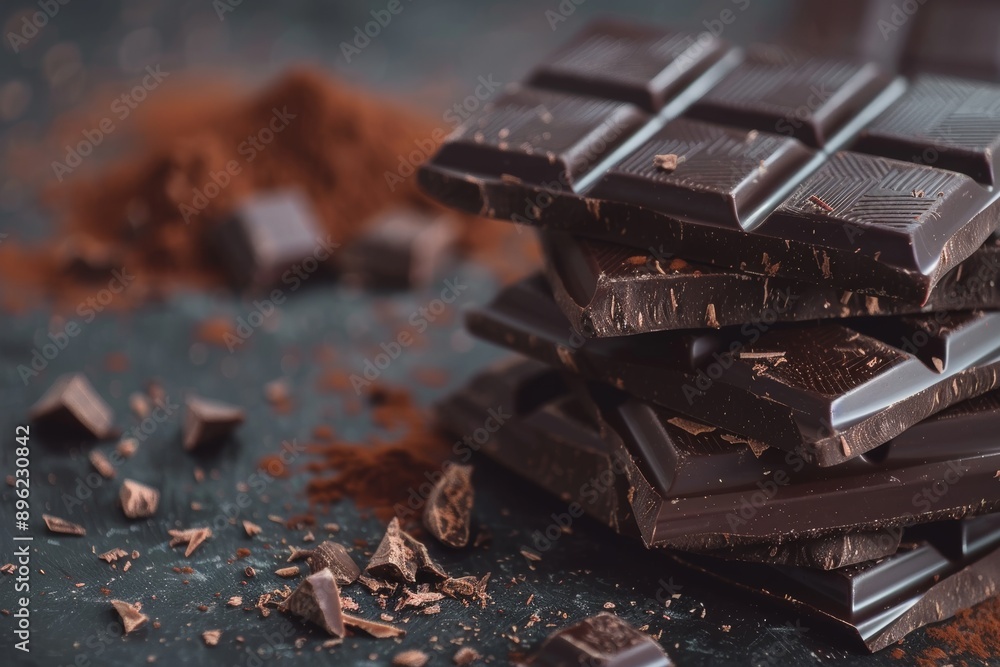 Broken chocolate bars stacked on top, with pieces scattered around and cocoa powder in the background. Broken chocolate bars stacked on top, with pieces scattered around and cocoa powder in the background.