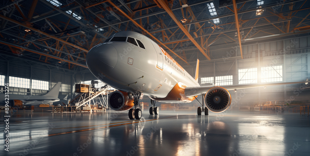 A commercial airplane is parked inside a well-lit hangar with visible aircraft maintenance equipment and another plane in the background. A commercial airplane is parked inside a well-lit hangar with visible aircraft maintenance equipment and another plane in the background.