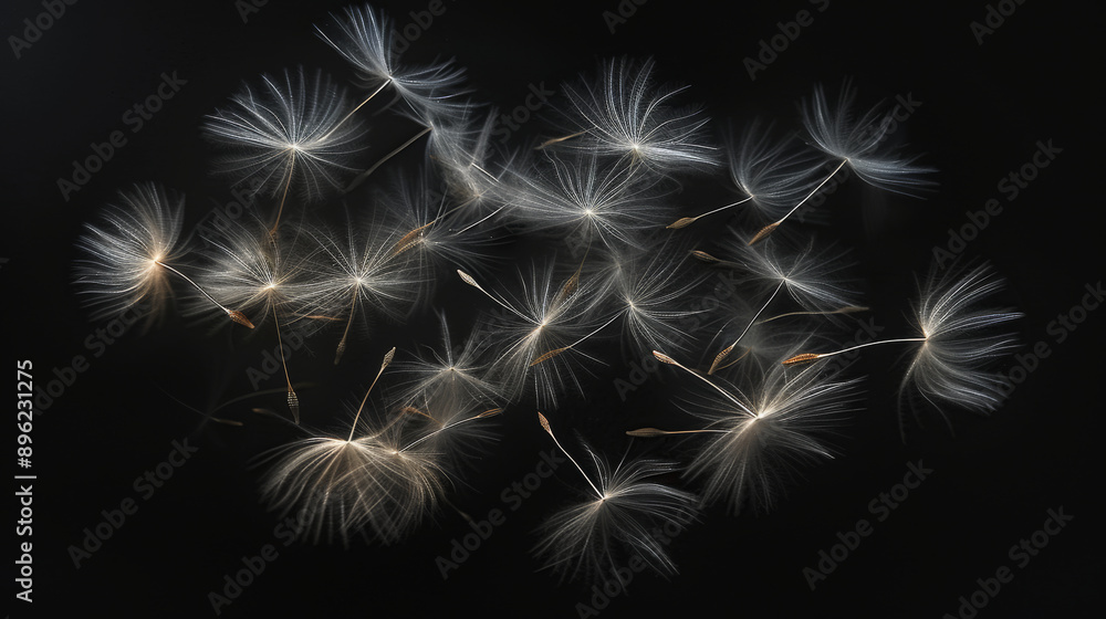 Dandelion seeds floating in the air, close Dandelion seeds floating in the air, close