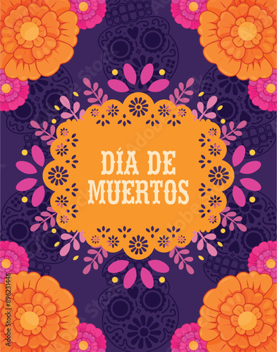 cartel día de muertos México, papel picado anaranjado adornado con flores de cempasúchil en fondo morado con calaveritas