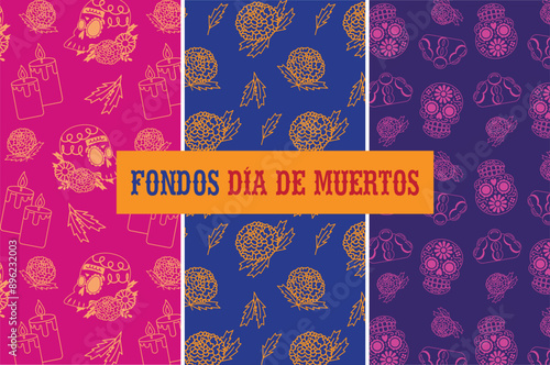 Conjunto de Patrón o fondo con elementos de día de muertos pan de muerto, calaverita, cempasúchil, veladora, Tradición México.	