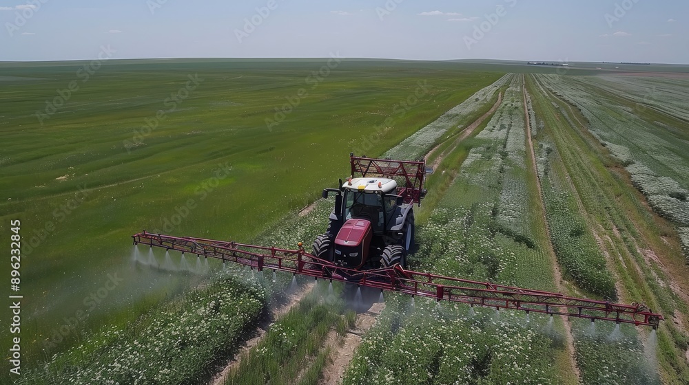 Fototapeta premium Tractor Spraying Herbicides in Forested Farm Area. Farmland