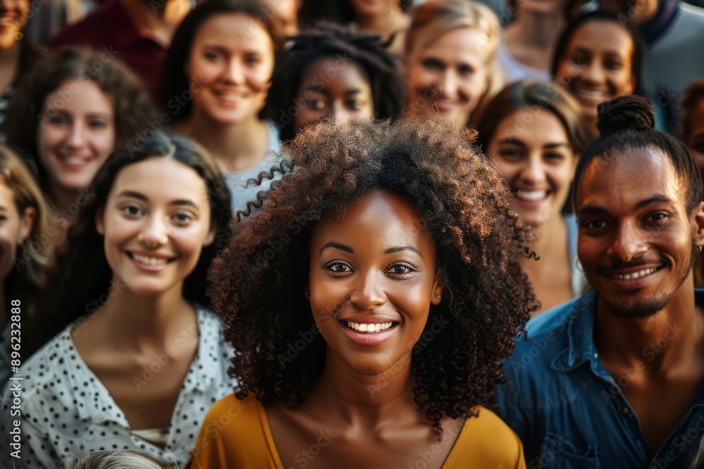 Obraz premium A group of multiethnic people smiling and looking at the camera in a crowd.