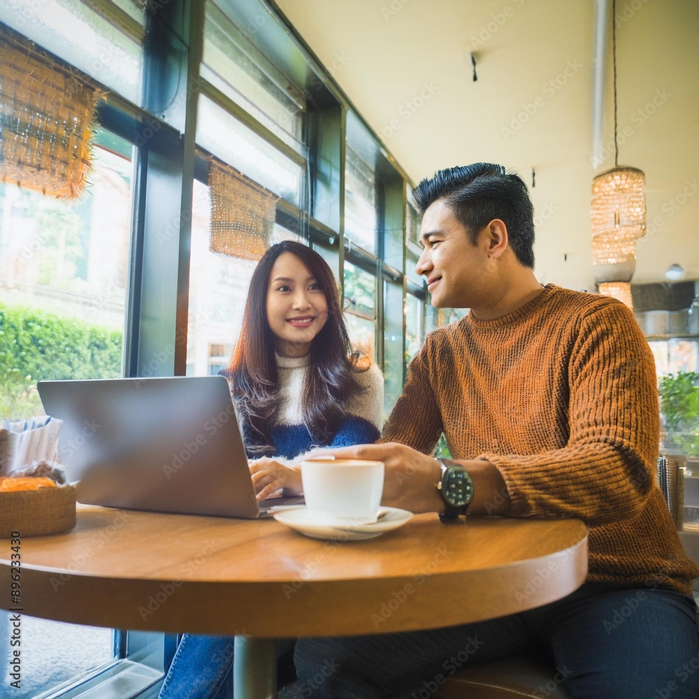A stylish couple working on their laptops and enjoying premium coffee in a chic cafe. A stylish couple working on their laptops and enjoying premium coffee in a chic cafe.