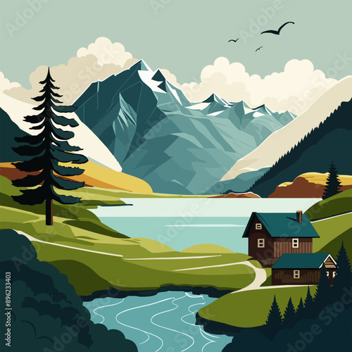 A peaceful cabin nestled in a valley with towering snow-capped mountains in the background and a flowing river in the foreground.