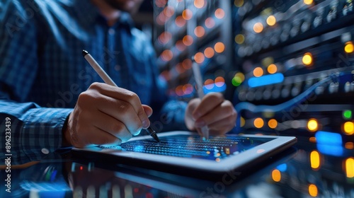 A technician working on a tablet in a server room. The lights of the servers create a colorful backdrop.  The image represents technology and data. photo