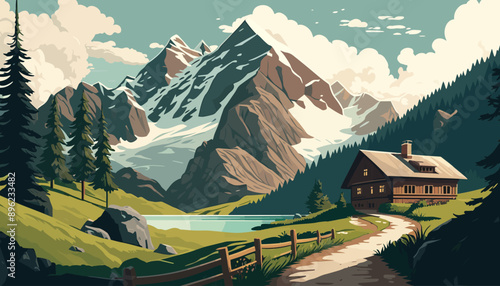 A serene mountain landscape in Switzerland, featuring a cozy wooden cabin by a winding path, surrounded by lush greenery, tall pine trees, and snow-capped peaks in the background.