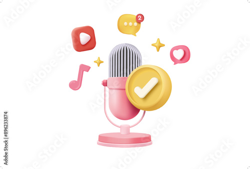 3d microphone with music note is symbol denoting a musical sound. mic record for music singing and audio tune or harmony tone concept. 3d microphone and melody notes icon vector render illustration