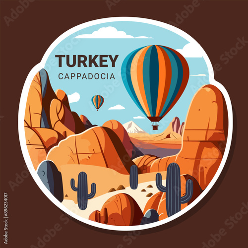 Hot air balloons over Cappadocia rocks landscape. Adventure travel in Turkey concept vector illustration.