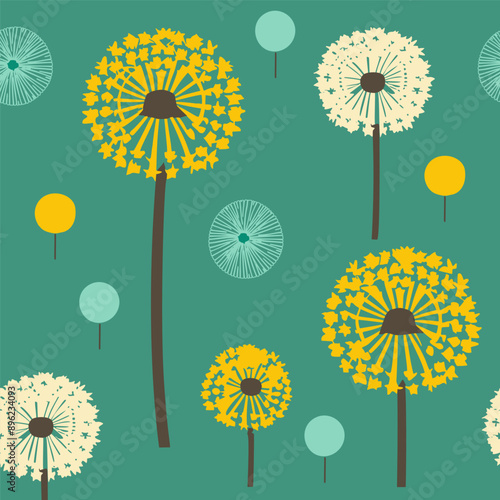 Graphic hand drawn dandelions. Vector seamless pattern. Abstract background.