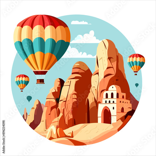 Colorful hot air balloons floating above the unique rock formations and ancient structures of Cappadocia, Turkey.