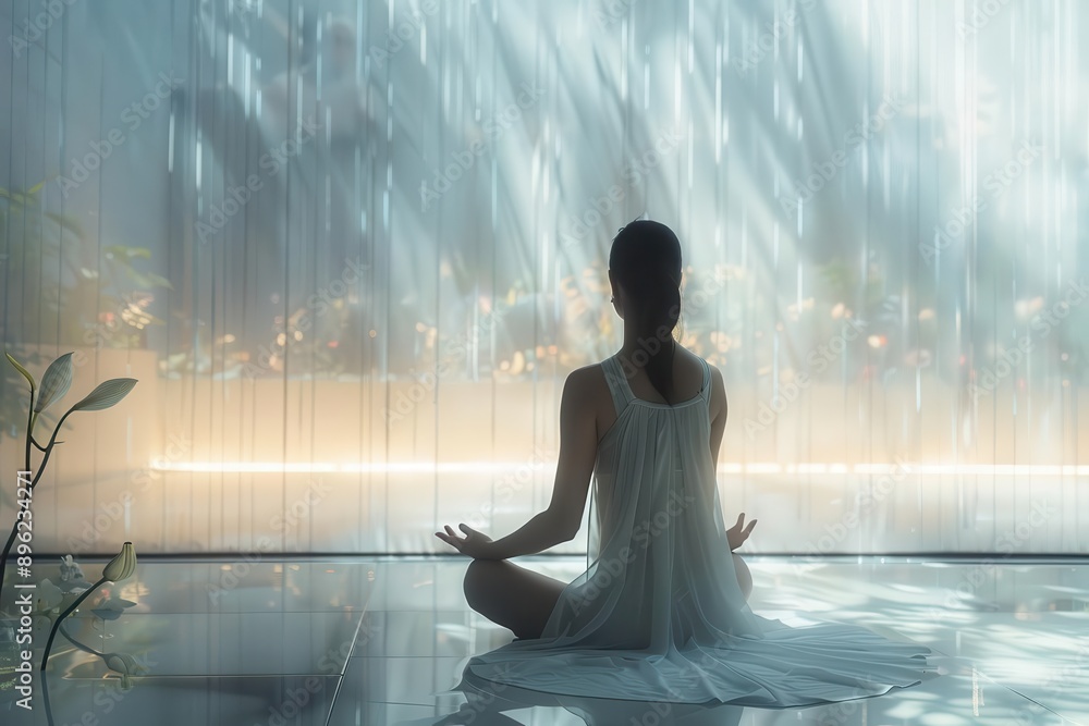 A woman meditates in front of a large indoor waterfall, finding peace and tranquility amidst the flowing water.