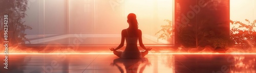 A woman in silhouette meditates in a glowing, ethereal setting.