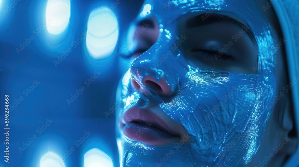 A woman with her eyes closed, receiving a facial treatment with a blue light mask. A woman with her eyes closed, receiving a facial treatment with a blue light mask.