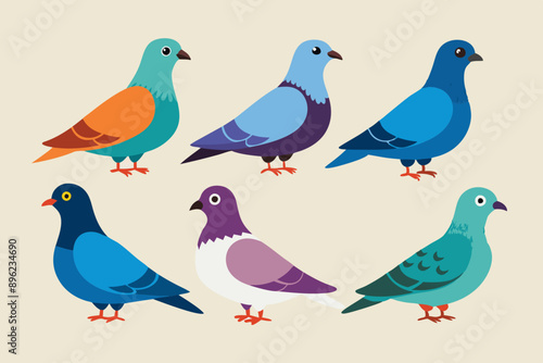  A set of bunches of beautiful pigeons vector art illustration