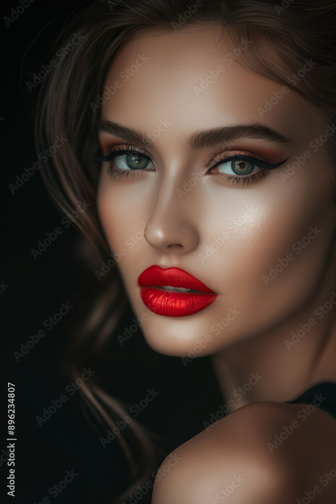 Portrait of a woman with striking red lips and intense eyes, staring directly into the camera on a dark background. Portrait of a woman with striking red lips and intense eyes, staring directly into the camera on a dark background.