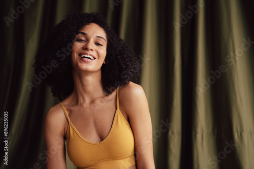 No retouch photo of stunning cheerful girl natural beauty health skin care isolated on fabric khaki color background Free Download No retouch photo of stunning cheerful girl natural beauty health skin care isolated on fabric khaki color background - GFXLoad