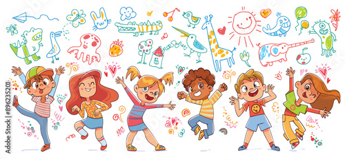 Children painting freehand doodles with crayon. Kids draw on the wall. Children joyfully jumping, dancing and grimace at camera. Art education in elementary school. Funny cartoon character