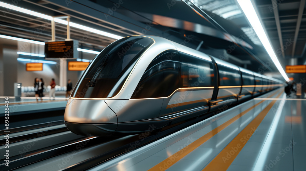 A modern high-speed train at an illuminated station platform with passengers in the background.