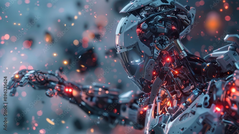 Fototapeta premium Futuristic robot with intricate details, glowing red lights, and a complex mechanical structure, set against a background of floating debris