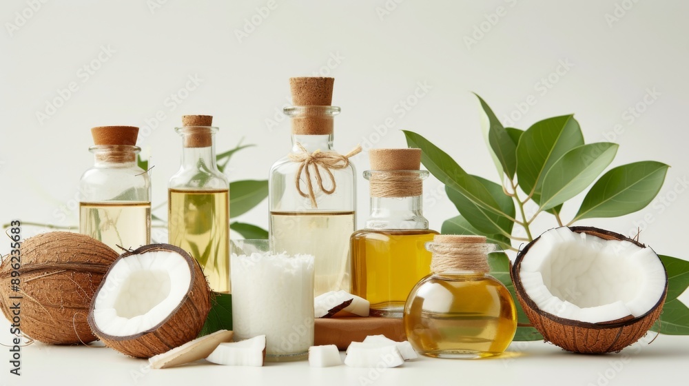 Collection of coconut oil products, such as jars and bottles, arranged on a clean white background Collection of coconut oil products, such as jars and bottles, arranged on a clean white background