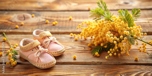 Adorable tiny baby shoes and soft peach-colored mimosa flowers delicately arranged on a rustic wooden table, evoking a sense of innocence and new beginnings. photo