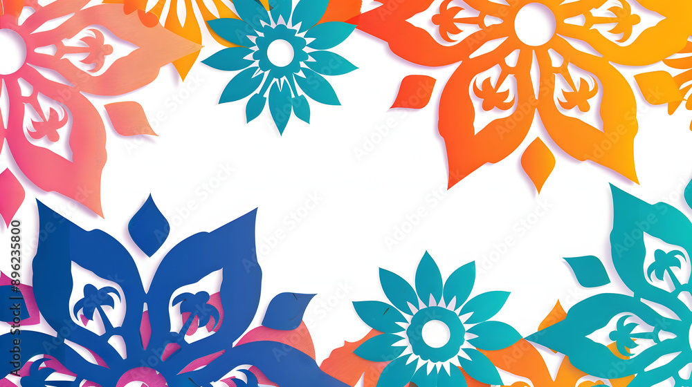Vector. Web banner, poster, cover, splash screen, social media with copy space for text. Perforated bright patterns Papel Picado pattern hand-drawn on a colored background. Spanish Heritage Month. Vector. Web banner, poster, cover, splash screen, social media with copy space for text. Perforated bright patterns Papel Picado pattern hand-drawn on a colored background. Spanish Heritage Month.
