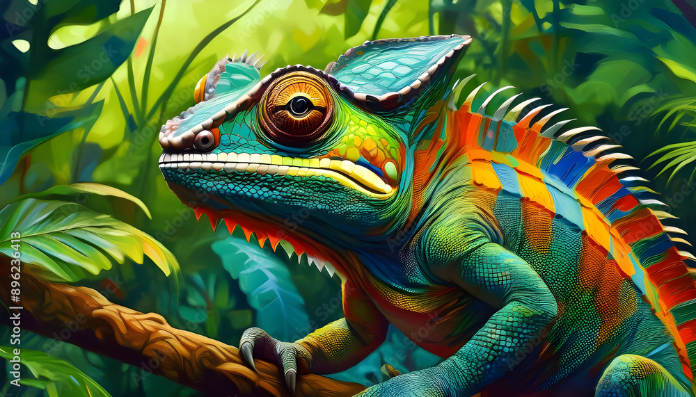 Portrait, a Chameleon in a rainforest, vibrant colours, 3D, acrylic paintin Portrait, a Chameleon in a rainforest, vibrant colours, 3D, acrylic paintin