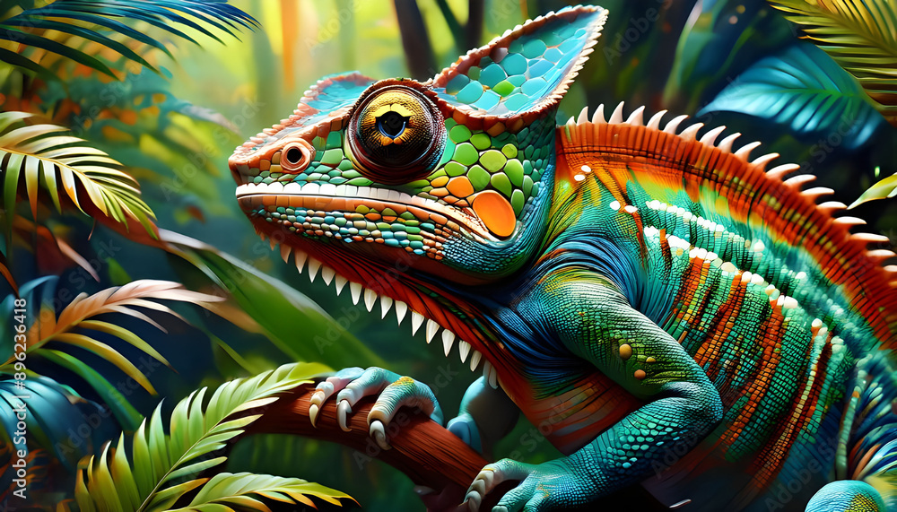 Fototapeta premium Portrait, a Chameleon in a rainforest, vibrant colours, 3D, acrylic painting