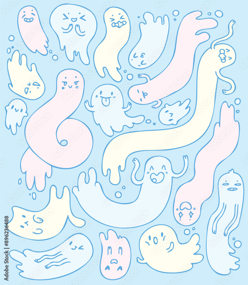 Cute abstract ghosts. Set. Cartoon characters. Funny vector illustration. Isolated blue background. Seamless ornamental pattern Cute abstract ghosts. Set. Cartoon characters. Funny vector illustration. Isolated blue background. Seamless ornamental pattern