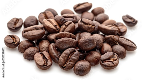 A row of dark brown coffee beans are scattered across a white background.   © Pro