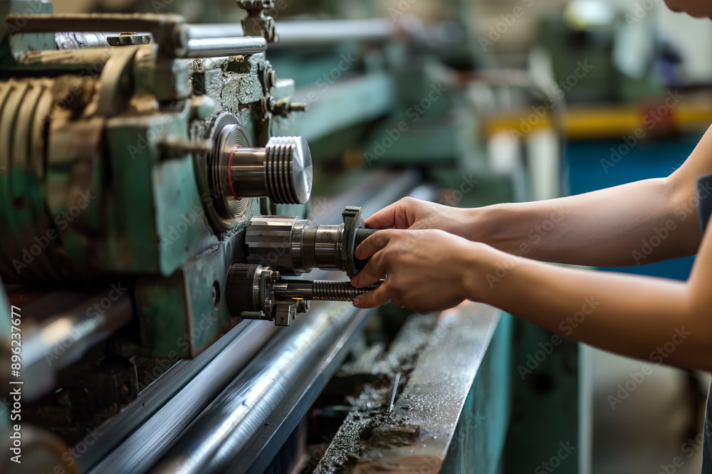 Fototapeta premium Industrial Machinist Working on a Metal Lathe.
