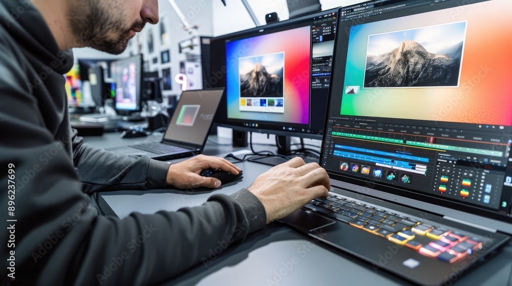 A technician calibrating and testing the displays of laptops and monitors to ensure accurate color reproduction and clarity. A technician calibrating and testing the displays of laptops and monitors to ensure accurate color reproduction and clarity.