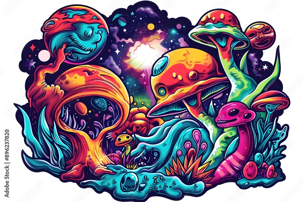 Cartoonish Aliens Exploring a Cosmic Summer Universe Suitable for Sticker Design or Shirt Graphic Cartoonish Aliens Exploring a Cosmic Summer Universe Suitable for Sticker Design or Shirt Graphic