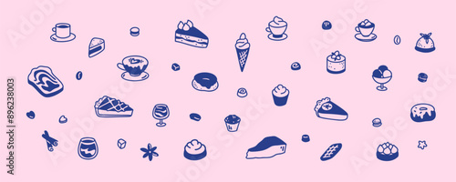 Cute line doodle dessert set. Cakes, apple and lemon pie, croissant, tiramisu, cookies, tartlets in sketch style. Bakery, cafe, coffeeshop, confectionery and patisserie design elements