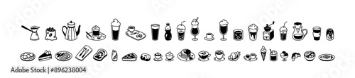 Cute line coffee shop design elements. Minimalist breakfast, lunch, dessert aesthetic. Restaurant menu minimal icons. Cups glasses, mugs of hot drinks. Coffee, tea, espresso, latte, mocha, matcha
