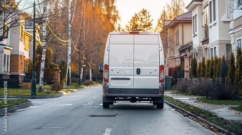 Fototapeta Naklejka Na Ścianę i Meble -  Commercial van delivers cargo to suburban custmers. Shipping parcels goods and orders in the countryside. Light duty truck