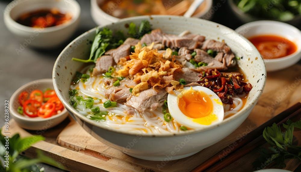 Bowl of delicious rice noodle soup with meat and egg on wooden board, closeup Bowl of delicious rice noodle soup with meat and egg on wooden board, closeup