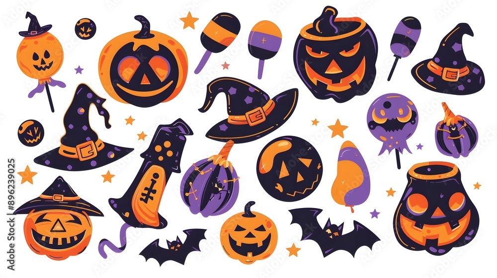 Colorful Halloween and Icons on White Background Colorful Halloween and Icons on White Background