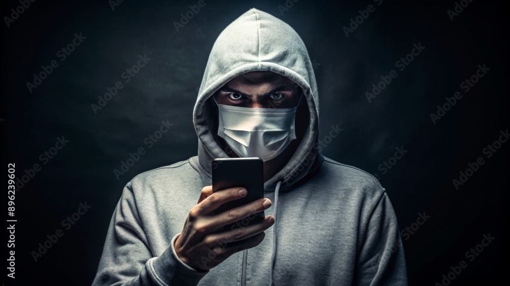 Anonymous computer hacker in white mask and hoodie with smartphone. Masked criminal scammer hacking network system at night. Internet attack, darknet and cyber security concept. Internet fraud or scam Anonymous computer hacker in white mask and hoodie with smartphone. Masked criminal scammer hacking network system at night. Internet attack, darknet and cyber security concept. Internet fraud or scam