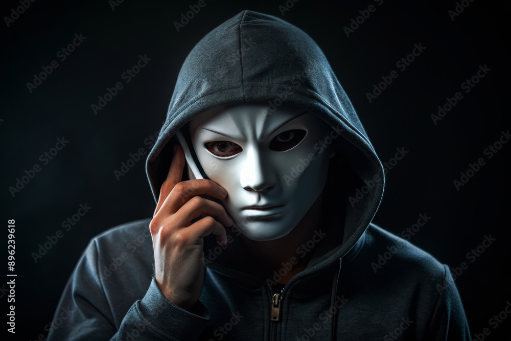 Anonymous computer hacker in white mask and hoodie with laptop. Masked criminal scammer hacking netowrk system at night. Internet attack, darknet and cyber security concept. Internet fraud or scams Anonymous computer hacker in white mask and hoodie with laptop. Masked criminal scammer hacking netowrk system at night. Internet attack, darknet and cyber security concept. Internet fraud or scams