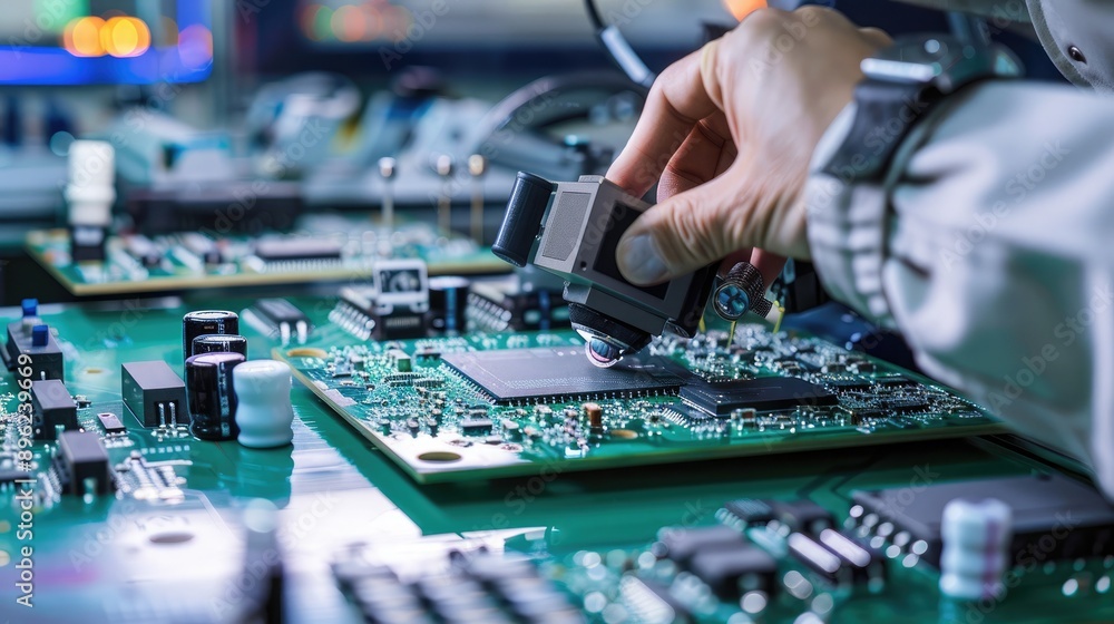 Obraz premium A technician using an automated optical inspection machine to detect defects in circuit boards and solder joints with precision.