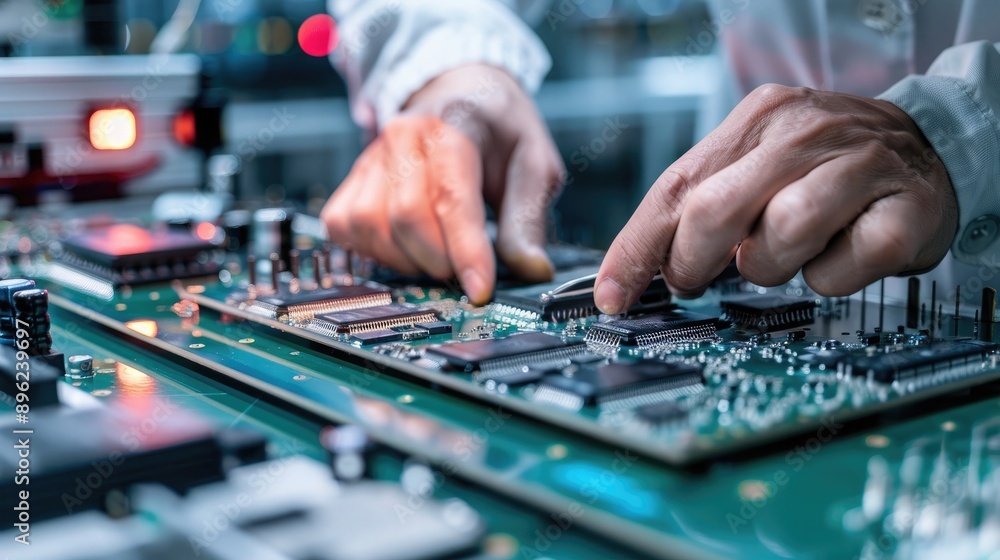 A technician using an automated optical inspection machine to detect defects in circuit boards and solder joints with precision. A technician using an automated optical inspection machine to detect defects in circuit boards and solder joints with precision.