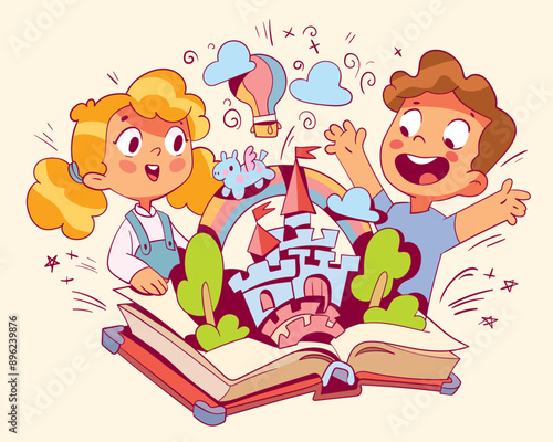 Children reading magic book. Transformer book with paper volume castle. Pop-up book. Colorful cartoon character. Funny vector illustration. Isolated white background