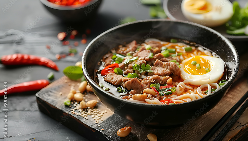 Bowl of delicious rice noodle soup with meat and egg on wooden board, closeup Bowl of delicious rice noodle soup with meat and egg on wooden board, closeup